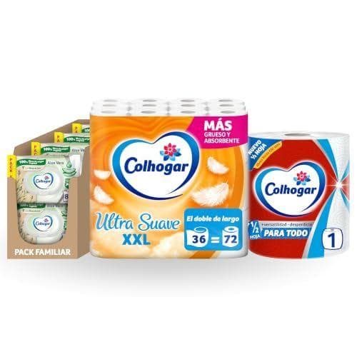 Colhogar Hogar - Set para el hogar: papel de cocina + papel higiénico Ultra Suave XXL + papel higiénico húmedo Aloe