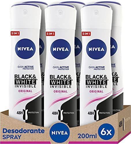 NIVEA Black & White Invisible Original - Desodorante antimanchas de cuidado femenino, para proteger la piel y la ropa en pack de 6 (6 x 200 ml)