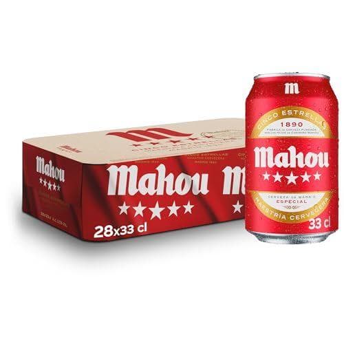 Mahou 5 Estrellas - Cerveza Dorada Lager, Sabor 5 Estrellas, Pack de 28 Latas x 33 cl