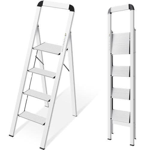 KINGRACK - Escalera de tijera de 4 peldaños plegable de aluminio