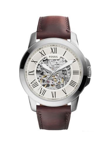 Fossil Reloj para hombre Grant, movimiento automático, caja de acero plateado de 45mm con correa de piel, ME3099