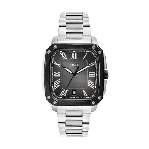 Fossil Reloj Crosby para Hombre, Movimiento de Cuarzo de Tres Agujas con Fecha y Correa de Acero Inoxidable, Tono Plateado y Negro