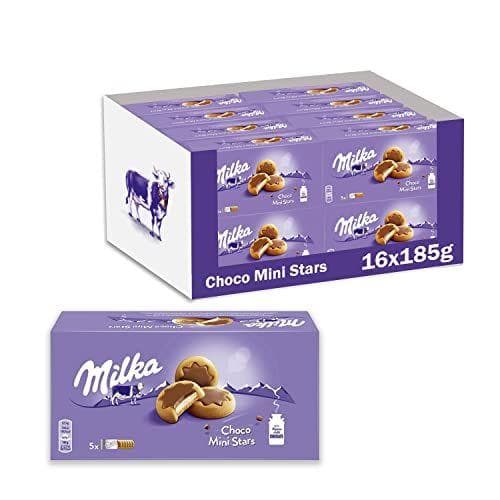 Milka Choco Mini Stars - Galletas en forma de estrella con relleno de leche y cubiertas con chocolate con leche de los Alpes 185g - Pack de 16