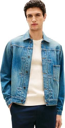 Tommy Hilfiger Cazadora vaquera Hombre Trucker con hebilla de ajuste, Azul (Mario Blue), M