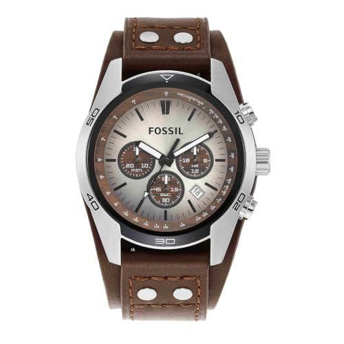 Fossil Reloj para Hombre Coachman, Movimiento cronógrafo de Cuarzo, Caja de Acero Inoxidable Plateado de 45mm con Correa de Piel auténtica, CH2565