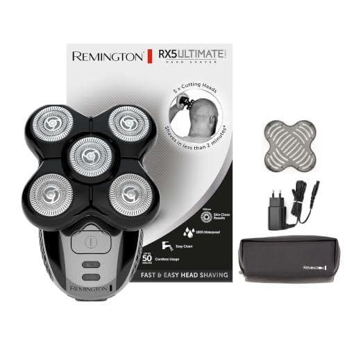 Remington Afeitadora Cabeza Hombre 5 cabezales: afeitado en 2 min Ultimate Series RX5 apura hasta 0,2 mm, autonomía de 50 min, resistente al agua, cuchillas flexibles, neceser de viaje XR1501