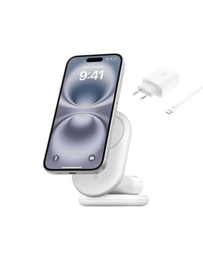Belkin BoostCharge Cargador Magnético Plegable Qi2 15W, Estación de Carga Inalámbrica Compatible con MagSafe, Carga Rápida para iPhone 17, Air, Pixelsnap, Base con Soporte Antideslizante - Blanco