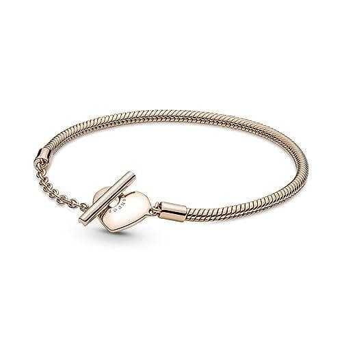 Pandora - Pulsera con cadena de serpiente chapada en oro rosa de 14 quilates con cierre en forma de corazón y barra en T