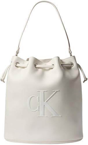 Calvin Klein Bolso Satchel Mujer Bold Large Bucket con cierre de cordón ajustable, Blanco (White Alyssum), Talla Única