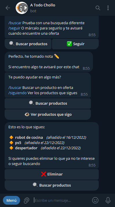 Listado de búsquedas en seguimiento dentro del chat con el bot