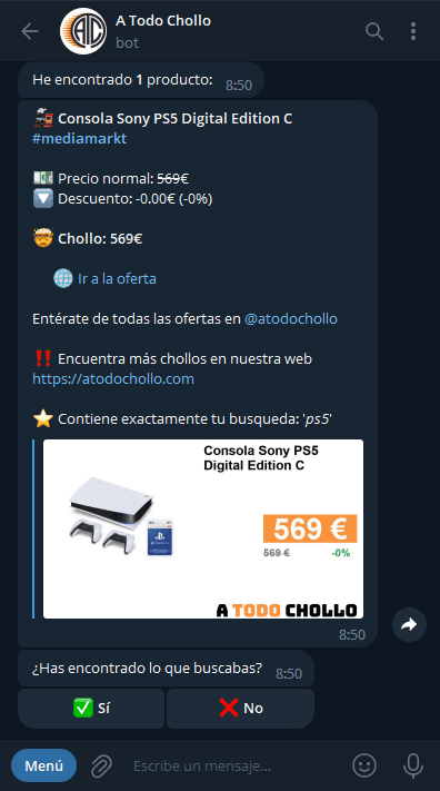 Ejemplo de mensaje del bot mostrando un chollo encontrado con su precio rebajado