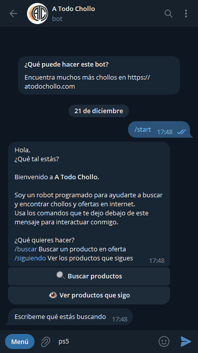 Conversación con el bot mostrando una búsqueda de productos en oferta