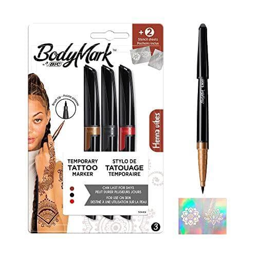 BIC BodyMark VIBES - Marcadores para Tatuajes Temporales, calidad cosmética para usar sobre la piel - Pack de 3 Colores Variados y 2 Láminas de Plantillas para Decorar la Piel con Diseños