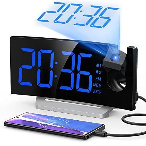 Despertador Proyector Techo 180° ,Radio Reloj FM con Atenuador de 0-100 %,Reloj Despertador Digital para Dormitorio con Cargador USB, 5 Tonos,Alarma Dual,despertadores inteligentes para Niños Ancianos