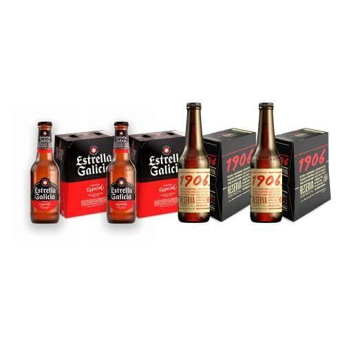 Cervezas 1906 y Estrella Galicia Pack Combinado - 2 packs de 1906 Reserva Especial 33cl + 2 packs de Estrella Galicia Especial 25cl - 24 botellas en total - Ideal para regalar