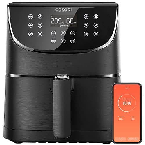 COSORI Freidora sin aceite inteligente XXL, 5,5 L, 11 programas y 100 recetas españolas, Control mediante APP, Precalentar y mantener caliente, Recordatorio de sacudir, LED pantalla táctil, Negro
