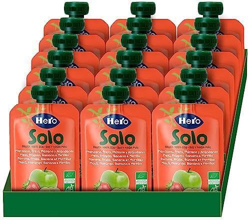 Hero Solo - Bolsitas ecológicas de manzana, fresa, plátano y arándanos , para bebés a partir de los 4 meses, pack de 18 x 100 g