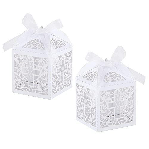 Cajas de Regalo de Cartón Blanco 24 Pcs Caja de regalo de boda Cajitas de Carton Blanco para Chuches con Cintas para Dulces, Chocolates,Bodas, Cumpleaños, Navidad A