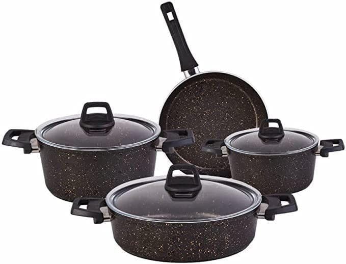 Karaca Blackgold Bio Granit - Batería de cocina, 7 piezas, no tóxico, juego de sartenes antiadherentes con tapas de cristal, apto para lavavajillas, juego de cocina de granito