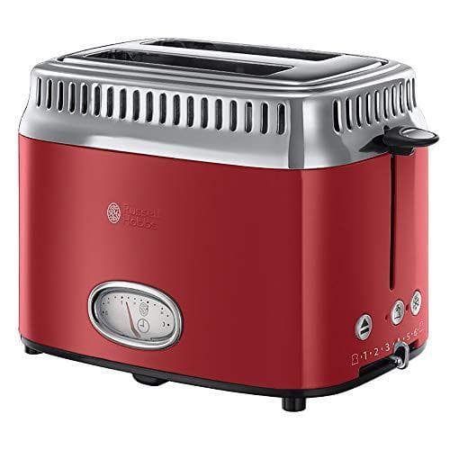 Russell Hobbs Tostadora Retro - 2 Ranuras Cortas y Anchas, Tostador para 2 Rebanadas, Bandeja Recogemigas, Calientapanecillos, Función Descongelar, Diseño Vintage, Acero Inoxidable, Rojo - 21680-56
