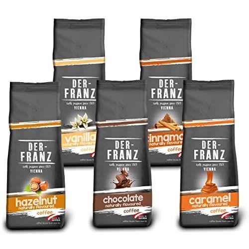 Der-Franz Café - Pack de 5 paquetes de granos enteros: avellana, vainilla, chocolate, canela, caramelo