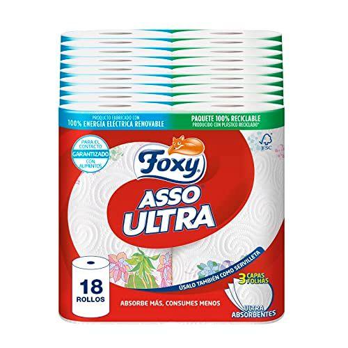 Foxy Asso Ultra - 18 rollos de papel de cocina con 3 capas absorbentes 