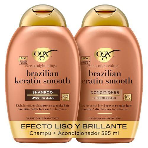 OGX Ever Straightening + Brazilian Keratin Smooth Shampoo y Conditioner - Set de champú y acondicionador alisador con keratina | Sin sulfatos | Para pelo rizado